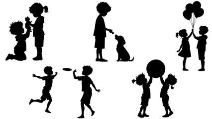 Playful Kids Silhouettes - Vector Set of Children Playing Together