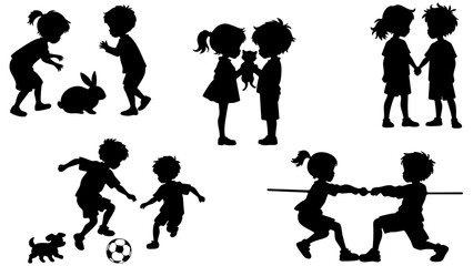 Stylish Kids Silhouette Set Playing Together - Fun Outdoor Activity Vector Illustrations