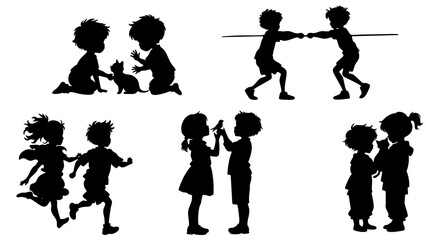 Stylish Silhouette Set of Kids Playing Together