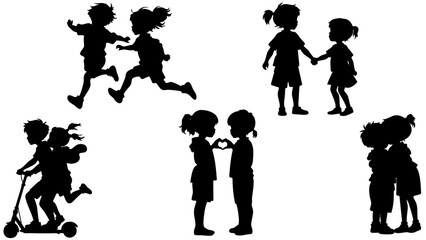 Stylish Silhouette Set of Kids Playing Together