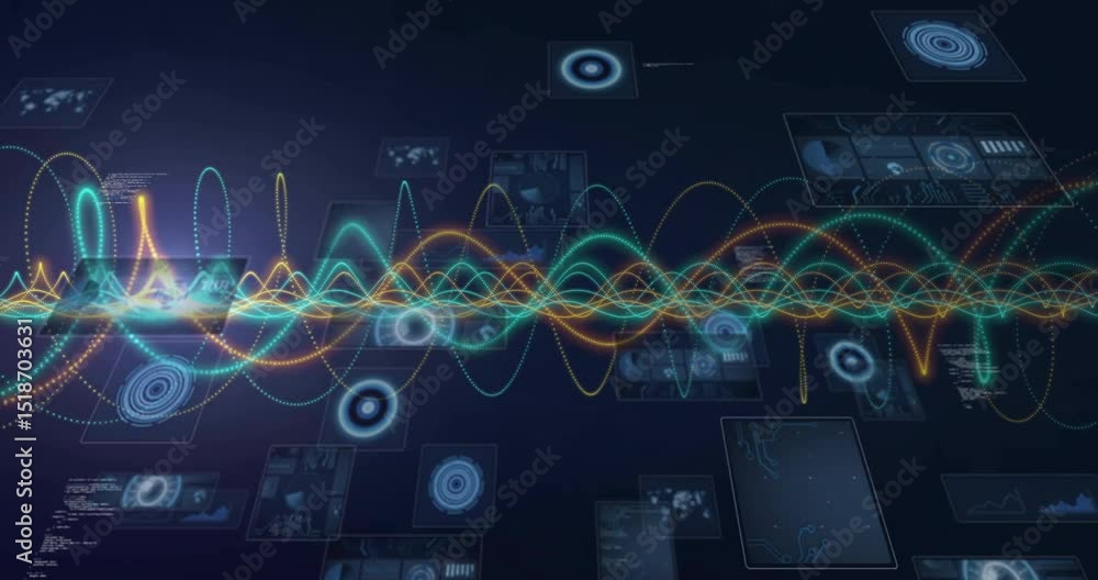 Poster waveform oscillating triggers panels appearing and drifting across navy interface to visualize data