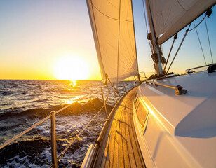 Fototapeta premium A sleek sailing boat gently glides across the calm sea waters during a breathtaking sunset, reflecting golden hues on the deck and creating a peaceful, scenic atmosphere.