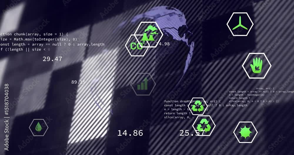 Poster triggered by snippet sliding, green hex icons drifting while globe rotating visualizing metrics