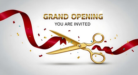Official Celebration Ribbon Cutting Design in a Vibrant Red Hue with Sparkling Gold Accents and Inviting Text a Perfect Visual for Any Inaugural Event