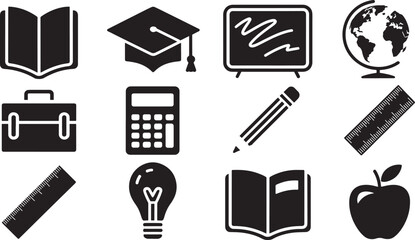 Black and White Education and School Supplies Icons Vector Set for Academic Designs
