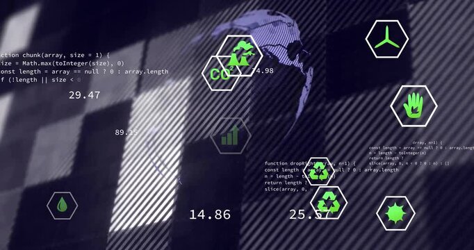 Triggered by snippet sliding, green hex icons drifting while globe rotating visualizing metrics