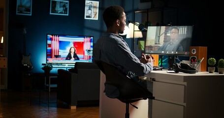 African American young guy meeting with his boss to discuss task completion, enjoying remote job...