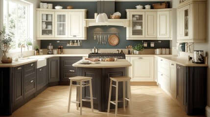 A charming kitchen design with cream and dark cabinets.