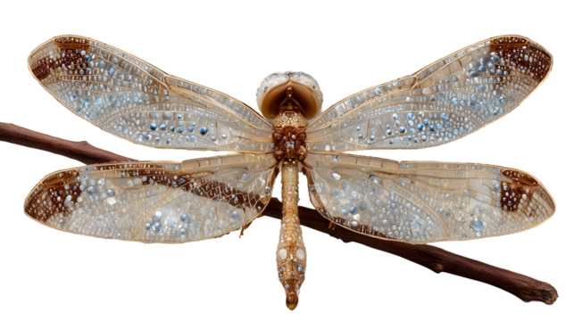 Detailed CloseUp of a Dragonfly with Water Droplets on its Wings