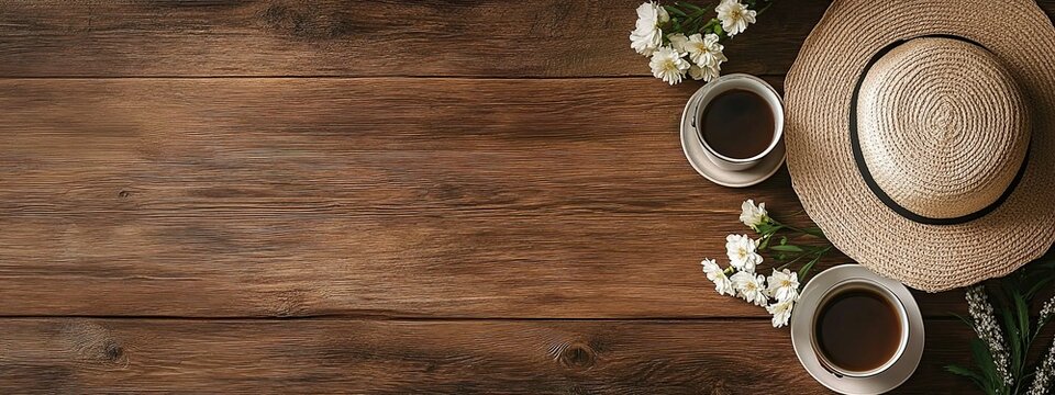 Two cups of coffee sit on a rustic wooden table, accompanied by a straw hat and a small bouquet of white flowers, creating a cozy and inviting scene.