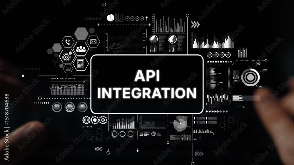 Poster hands on keyboard with digital interface representing api integration and data management technology
