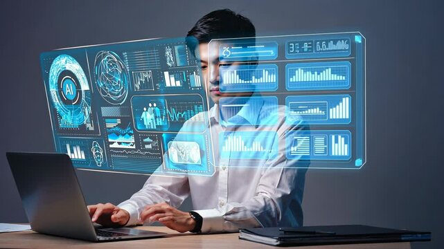 AI Artificial Intelligence technology for data analysis, research, planning, and work generate. Man uses a laptop and AI assistant dashboard. motion video.