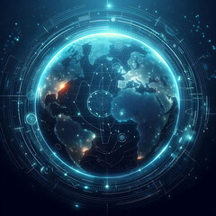 Map of the planet. World map. Global social network. Future. Vector. Blue futuristic background with planet Earth. Internet and technology. Floating blue plexus geometric background.  