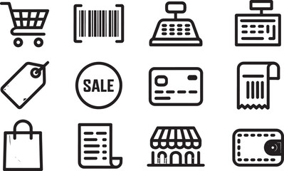 Shopping and Retail Silhouette Icons Vector Set for Commerce and Business,  Background