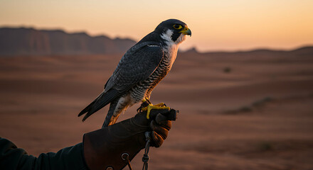 Majestic falcon perched on handler's gloved hand against desert sunset backdrop