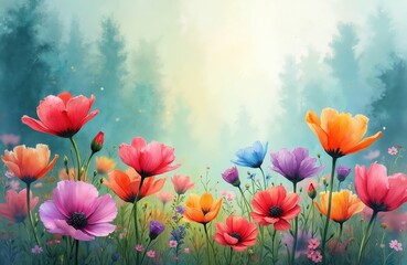 Obraz premium Vibrant watercolor illustration featuring colorful flowers. Artistic floral background, abstract splashes of paint in impressionism style. Soft textures, natural beauty, elegant wallpaper for design.