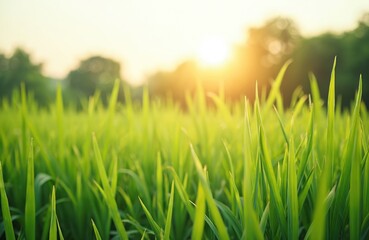 Close-up of green grass field with sunlight. Bright, fresh green grass with golden sunset background. Natural, eco vibes. Outdoors, spring, summer mood at farmland.