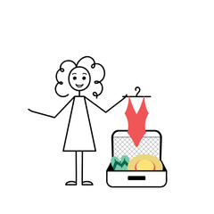 summer vacation packing list, cute curly girl is packing her suitcase for trip or travel, cartoon vector illustration