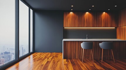 Modern kitchen with city views.