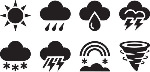 Flat Vector Icons of Weather Conditions on Background for Meteorology, Forecasting, and Environmental Studies