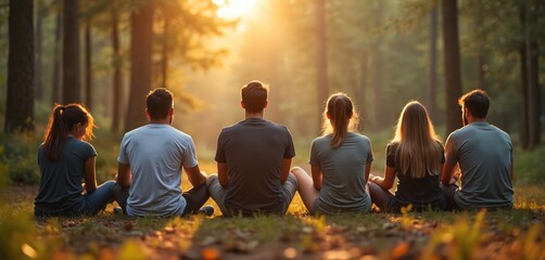Group of friends sit in forest meditation at sunset. People relaxing, enjoying nature, sharing time together on summer vacation. Team building, corporate retreat activities.