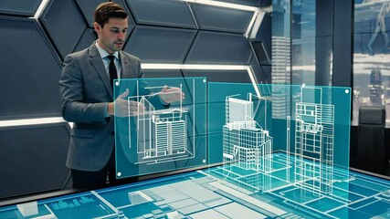 Architects of the Digital City A diverse team collaborates around an interactive holographic city model, illuminated by the glow of data visualizations in a futuristic command center. motion video. - Powered by Adobe