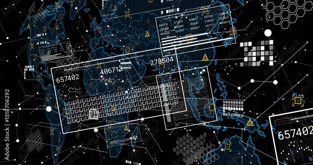 Poster translucent frames materializing on map, sliding and updating numbers while visualizing data shifts