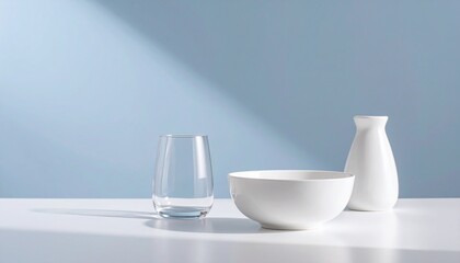 Glass of water, a white bowl, and a white vase on a white table with a soft light blue backdrop