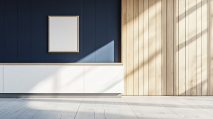 Empty room with a navy blue wall and a light wood paneling wall.