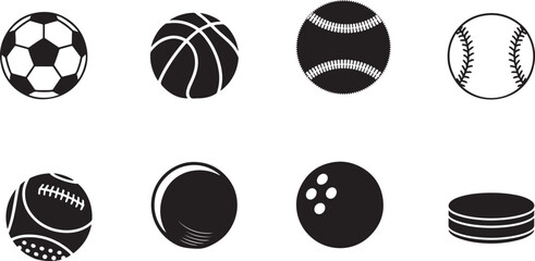Fototapeta premium Monochrome Flat Vector Sports Equipment Icons Set on Background for Diverse Sporting Activities and Games