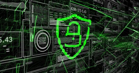 Upon interface loading green shield icon appearing scanner sweeping, codes cycling, securing data - Powered by Adobe