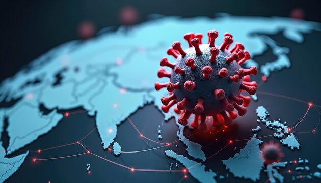 Detailed 3D render virus particle spreading outbreak pandemic disease transmission over Asia map. Global health crisis concept, contagion, infection, healthcare, medical, science. International - Powered by Adobe