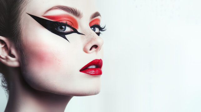 Daring makeup, Model with creative makeup showcasing bold eyeliner and red lipstick