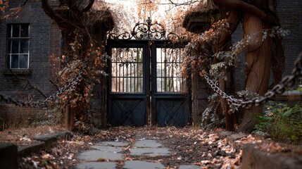 A closed school gate covered in vines, symbolizing the fading of education.