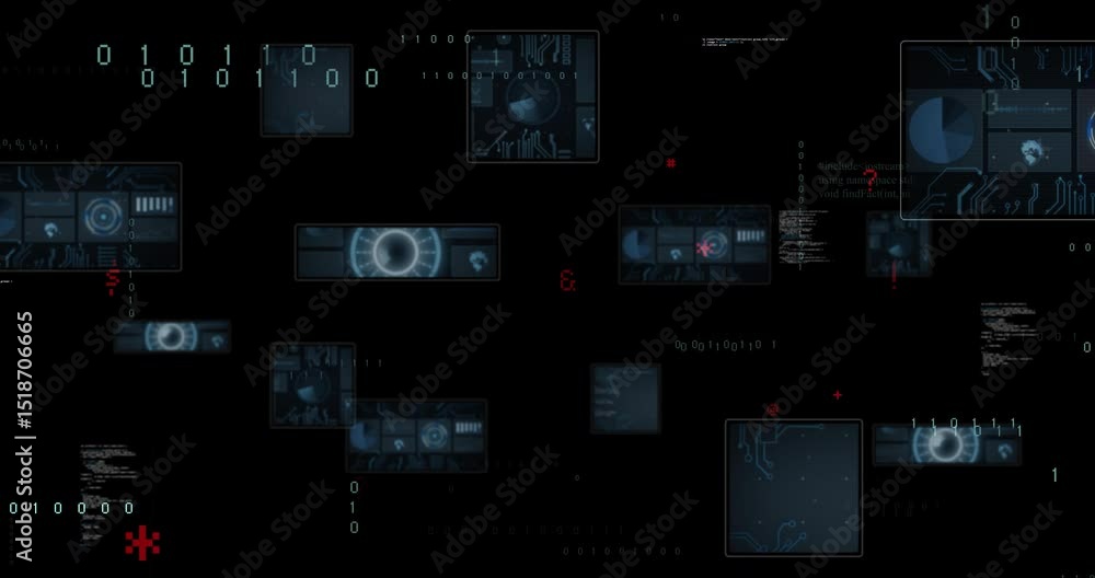 Poster on black canvas, interface fading in, panels showing binaries and code scrolling showing dynamics