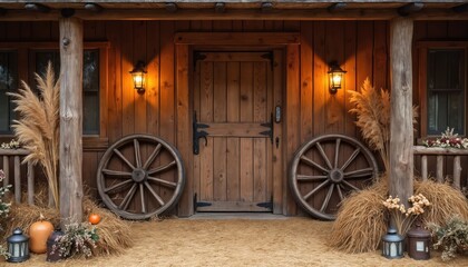 Vintage western house exterior, rustic barn decor with wooden wheels. Antique lanterns, pampas grass, creating countryside atmosphere. Wooden door with double doors for interior design.
