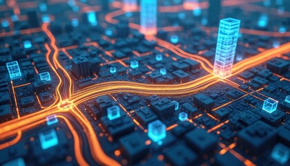 Detailed GIS mapping visualization of underground utility pipeline networks for infrastructure planning asset management. Tech illustration of digital transformation and smart city infrastructure.