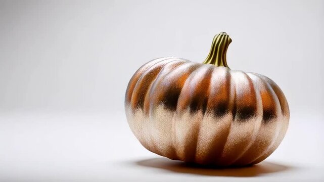 A single, metallic rose gold pumpkin on a plain background