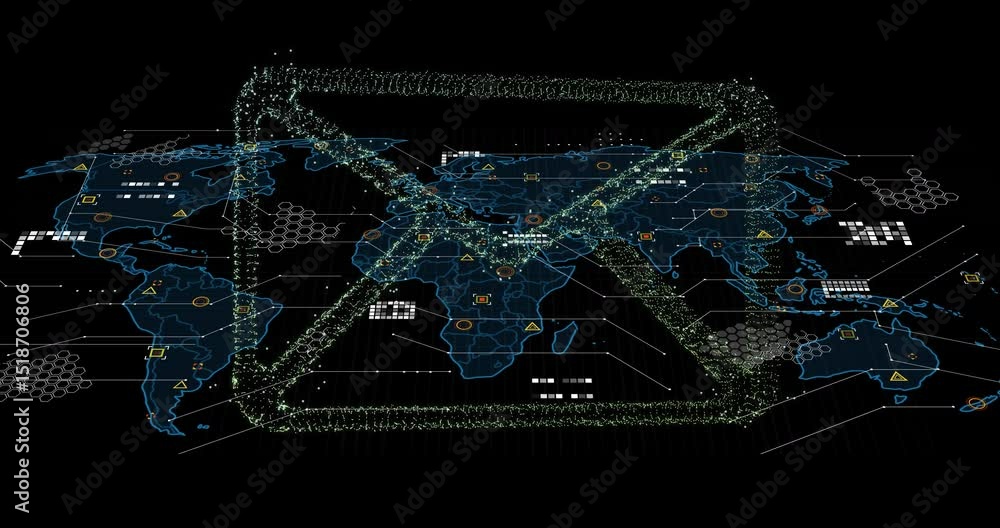 Poster glowing wireframe map appearing, particles clustering into envelope shape, dispersing for data flow