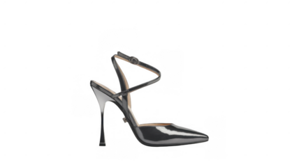Stylish gray high heel sandal showcasing its sleek design and delicate ankle strap, isolated on a transparent background, perfect for fashion forward compositions