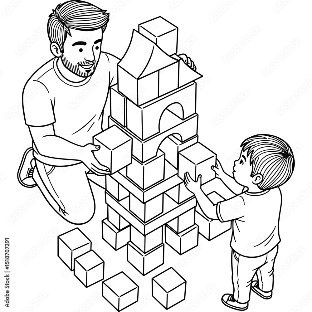 Poster building blocks tower with father and child during playtime activity