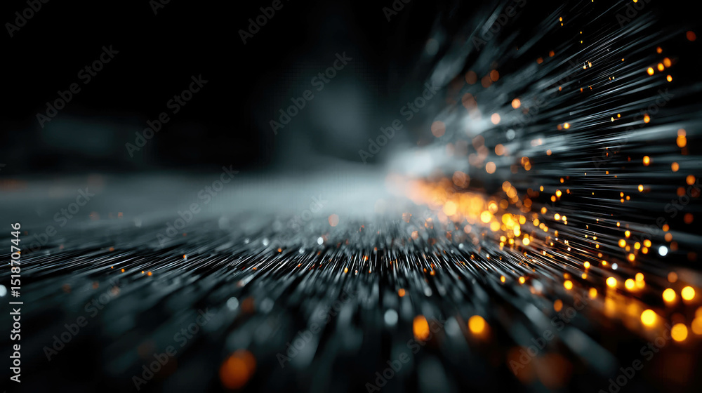 Poster abstract data stream with glowing orange and blue particles flowing in a dynamic futuristic environm
