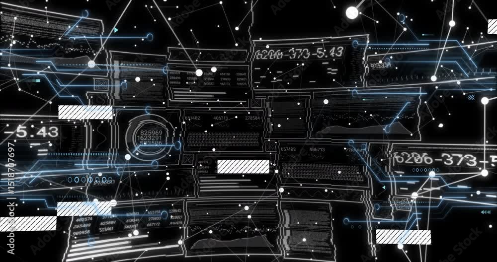 Poster grid appearing on transparent bg, drifting nodes, bars updating codes then retracting wireframe