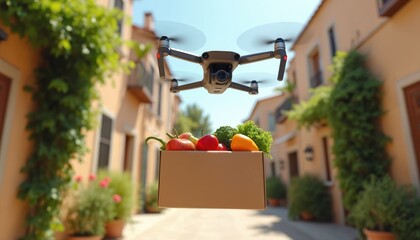 Drone delivers fresh groceries in urban setting. Cardboard box with vegetables fruits mid-air. Modern food delivery service. Automated tech, online shopping, e-business. Futuristic transportation,