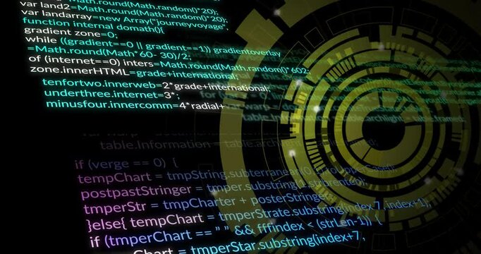 Code initiating rotating circular HUD lighting, scrolling variables showing real-time processing
