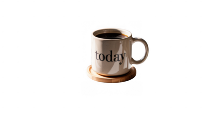 Coffee mug with the word today printed on it, resting on a wooden coaster, isolated on a transparent background, ideal for conveying a sense of urgency or present moment focus