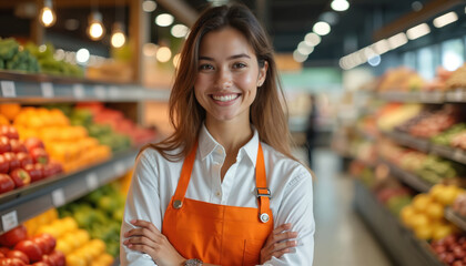Smiling female employee in orange apron stands in grocery store. Attractive woman smiles, looking at camera with fresh fruits, vegetables background. Supermarket worker portrait. Retail job, store