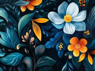 A painting of a flower garden with blue and yellow flowers