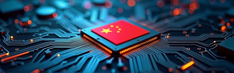 A chinese-made computer chip with the flag of people republic of china, ensuring independence from foreign production - ai generated