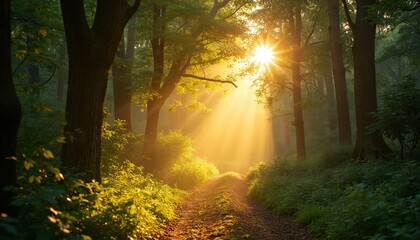 Obraz premium Majestic sunbeams through forest trees. Morning golden hour, light rays through rich green foliage. Tranquil nature scene on trail through woods. Perfect for travel eco tourism. Calm, serene,